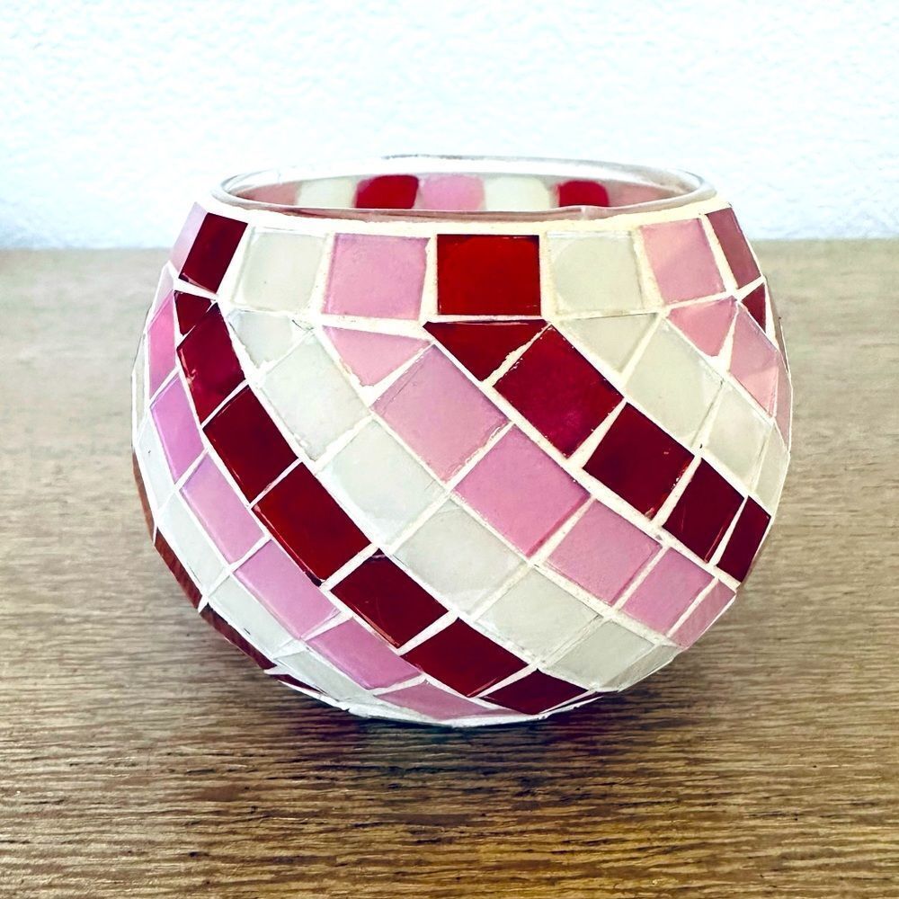 Glass Mosaic Valentine Pink Red Candle Holder Vase